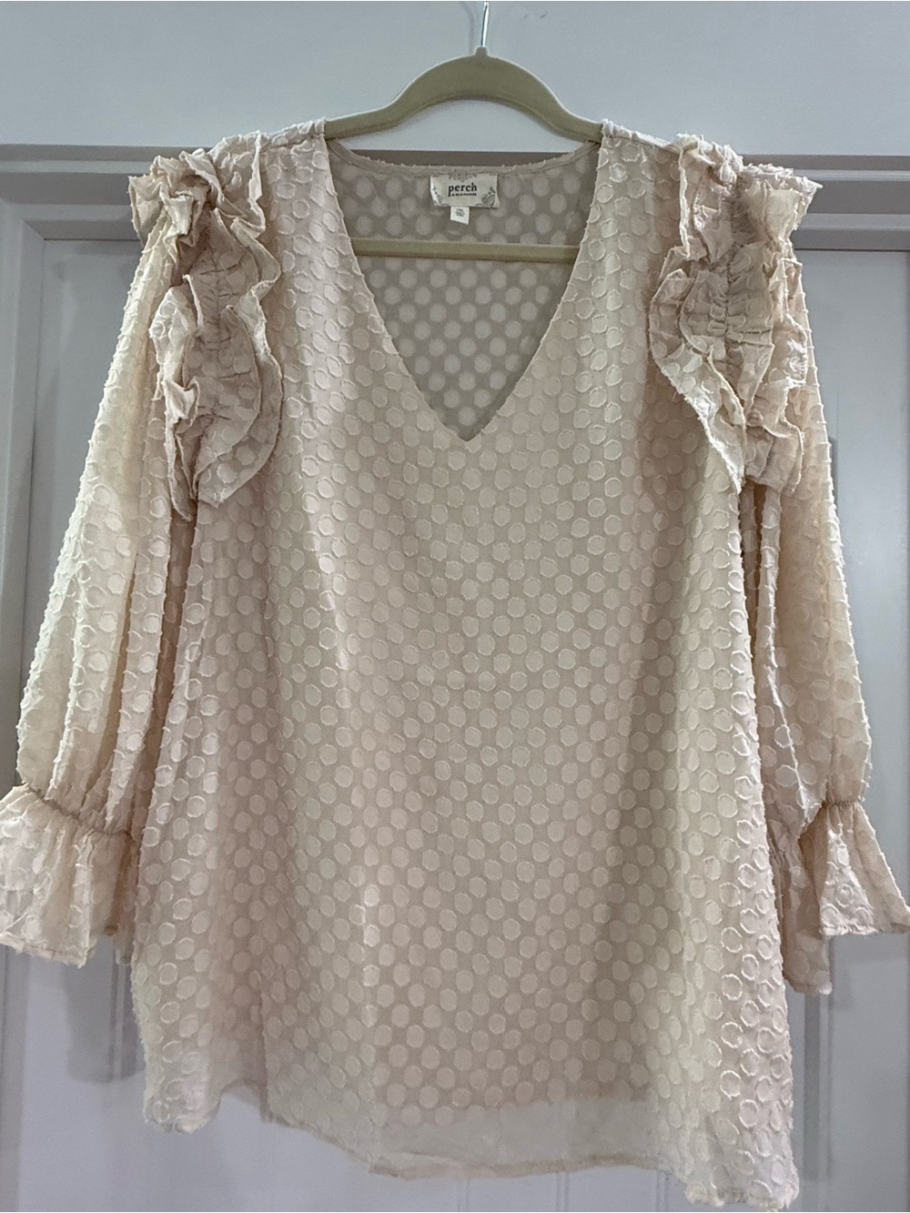 Blu Pepper Pale Blush Dot Ruffle V-Neck Blouse